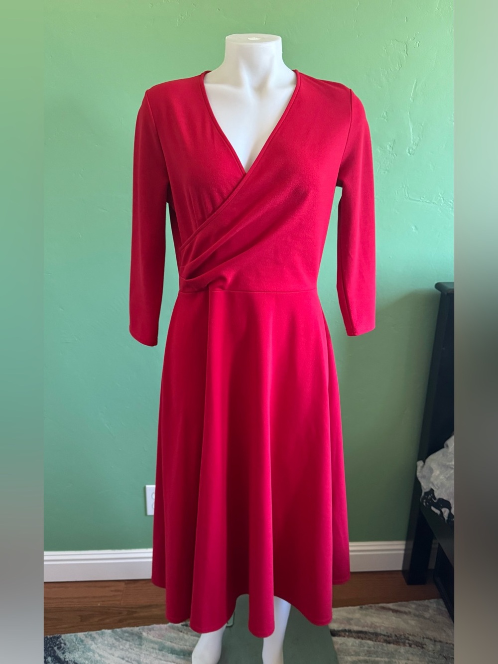 J’Aime La Vie Paris Vintage Classic Red Long Sleeve Faux Wrap Midi Dress